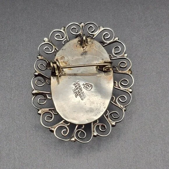 VTG EME 83 Sterling Silver 925 Green Onyx Filigree Brooch Pendant 2" Mexico - Picture 5 of 9